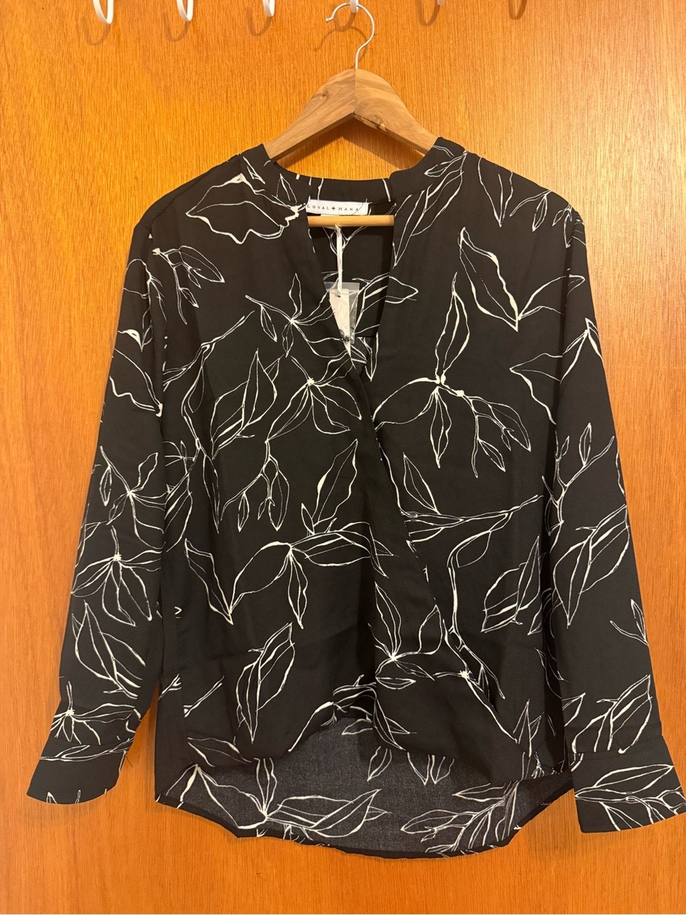 Black Leaf-Print V-Neck Blouse